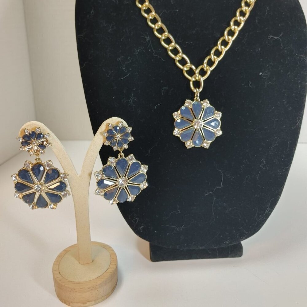 5/$100 Necklace & Earrings Bib Statement Blue Gray Rhinestone Gold-Tone 18”